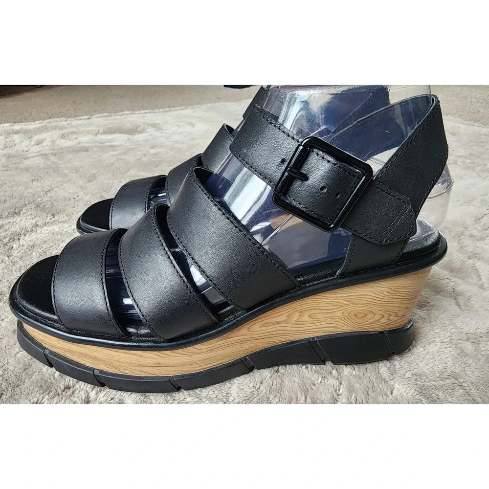 Sorel Joanie III Black Ankle Strap Leather Wedge Sandals Womens 8.5 1986121010
